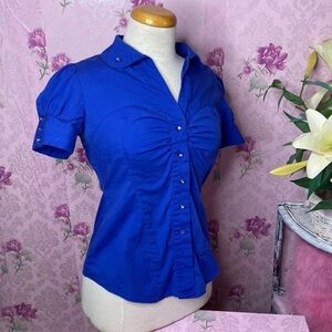 🦋 Dots 🦋 Blue Rhinestone Button Summer Puff Sleeve Blouse